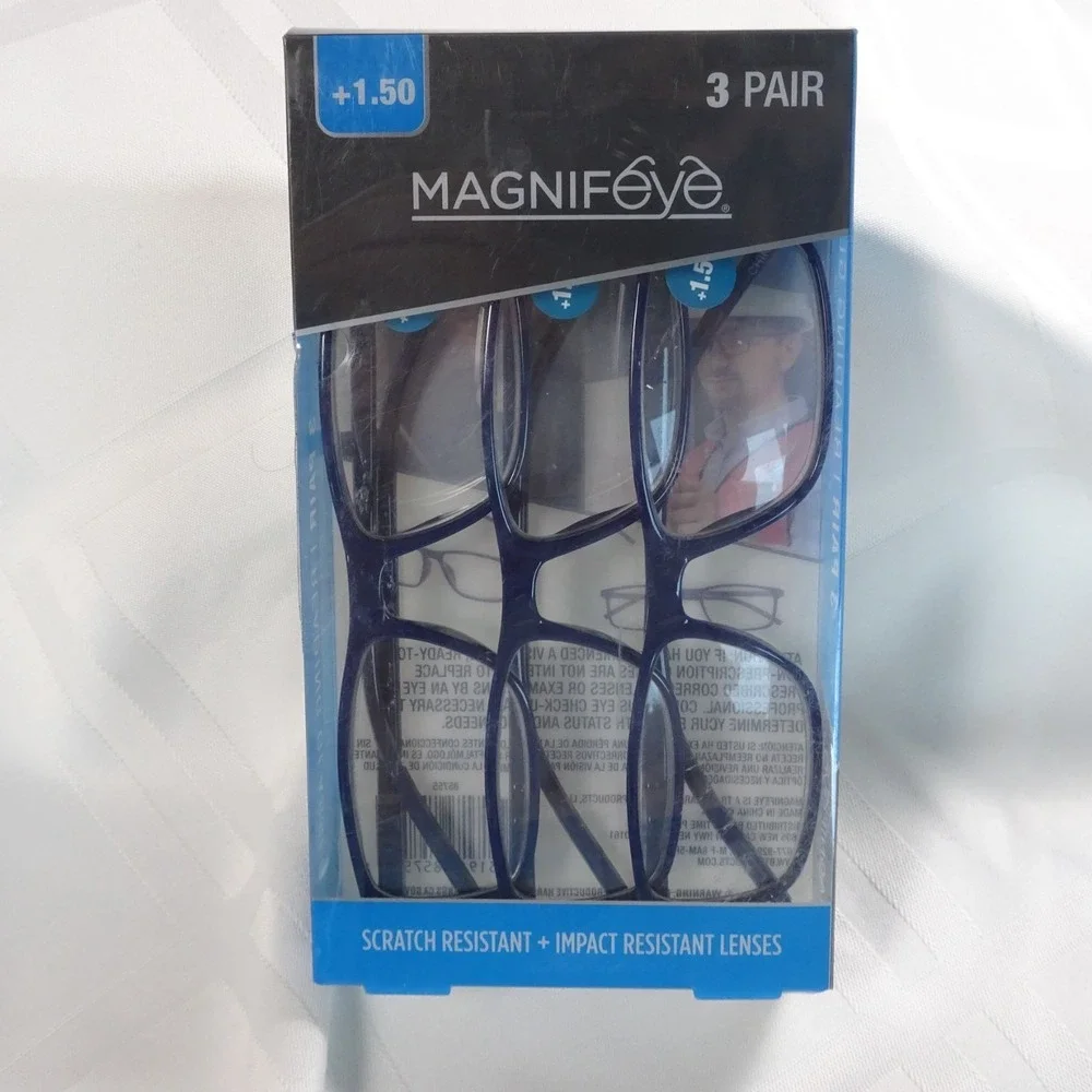 3 Pair +1.50 Magnifeye Scratch Resistant/Impact Resistant Lenses Blue‎ NEW